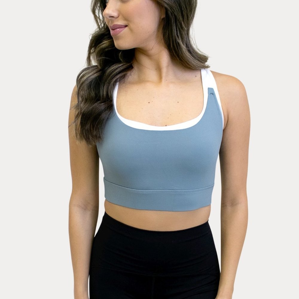 Sexy Mama Maternity Strap Back Ultra-Support Sports Bra Blue & White sz 34-36